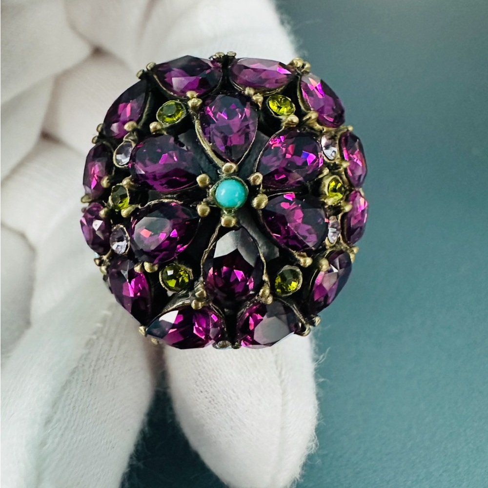 Heidi Daus Purple Teardrop Crystal Flower Open Work Statement Dome Ring Size 6
